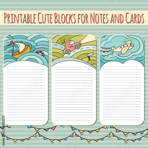 Collection of cute blocks for cards, notes, stickers, tags on travel theme. Template for scrapbooking, wrapping, notebooks, notebook, diary, school accessories. Doodle hand-drawn vector illustration.
