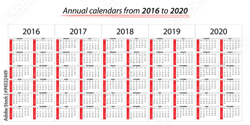 Calendario annuale dal 2016 al 2020