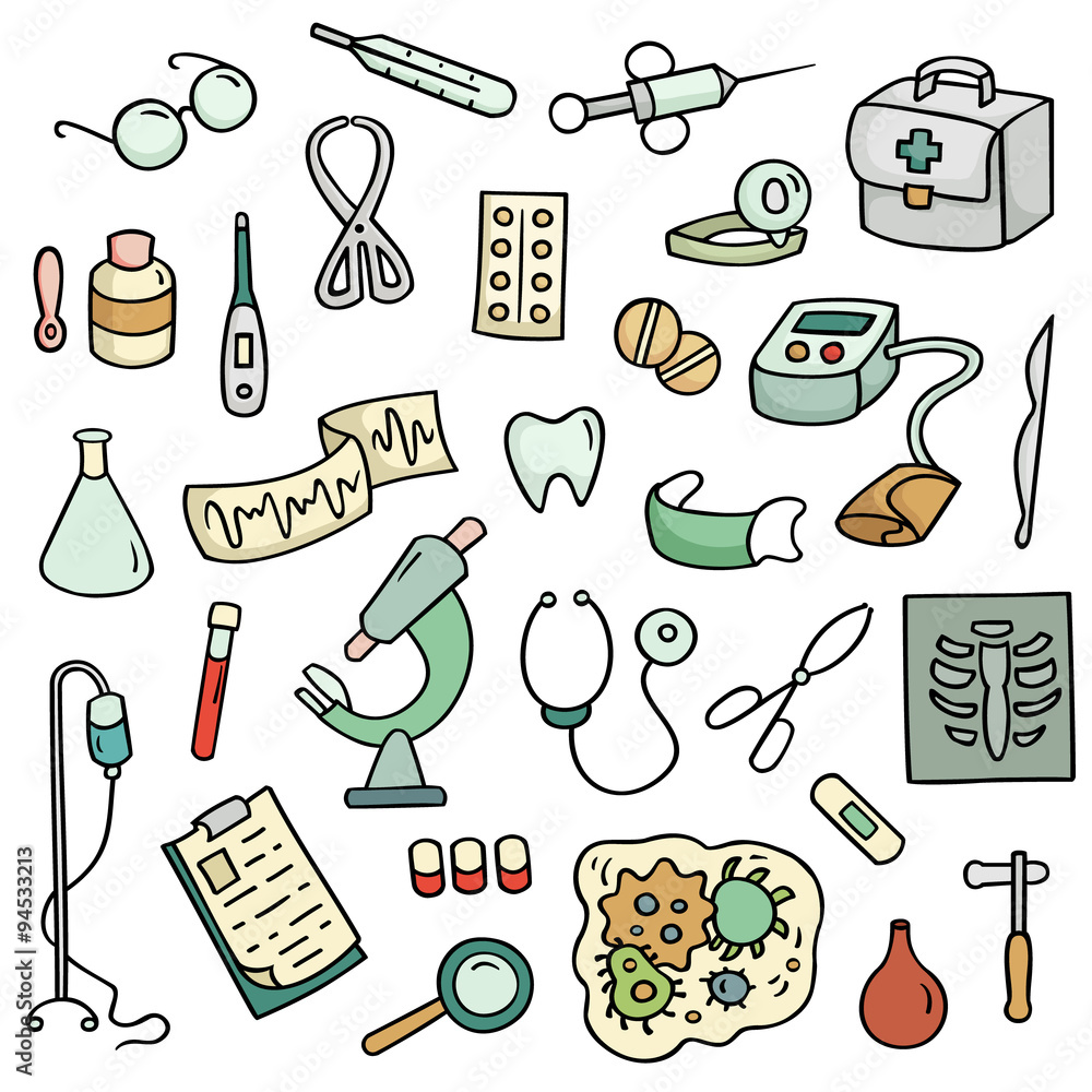 Cute cartoon set of laboratory equipments. Medical collection of hospital  tools. Hand-drawn vector illustration isolated on white. All objects  organized in groups for easy editing. Stock Vector | Adobe Stock