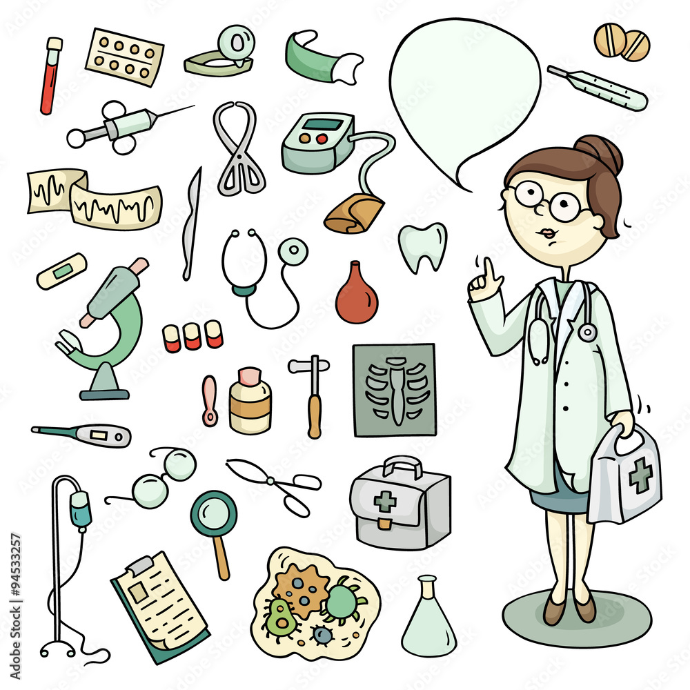 Cute cartoon set of doctor and laboratory equipments. Medical collection of  hospital tools and character of profession. Hand-drawn vector isolated on  white. All objects are grouped for easy editing. Stock Vector |