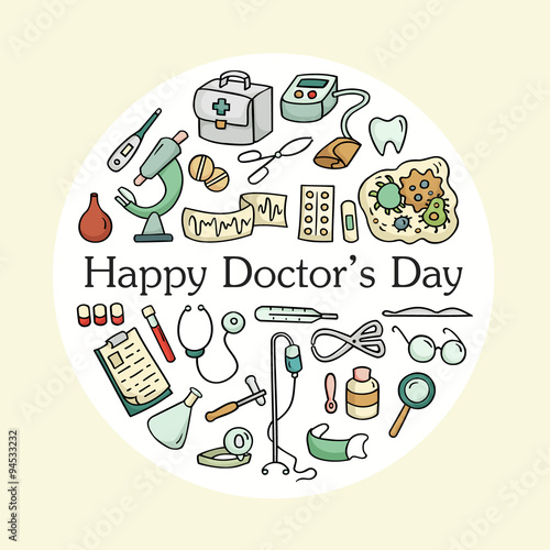 Creative national Doctor's Day greeting card. Cute cartoon set of laboratory equipments. Medical vector illustration isolated on white. All objects organized in groups for easy editing.