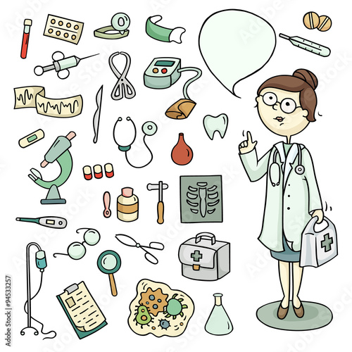 Cute cartoon set of doctor and laboratory equipments. Medical collection of hospital tools and character of profession. Hand-drawn vector  isolated on white. All objects are grouped for easy editing.