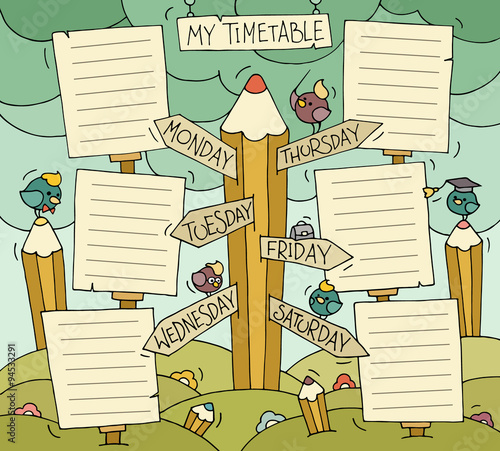Cartoon school timetable with little cute bird character and signpost. Set of days of week. Schedule of lessons for students. Hand drawn Vector illustration.