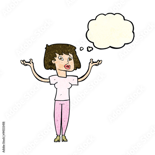 cartoon woman holding up hands with thought bubble