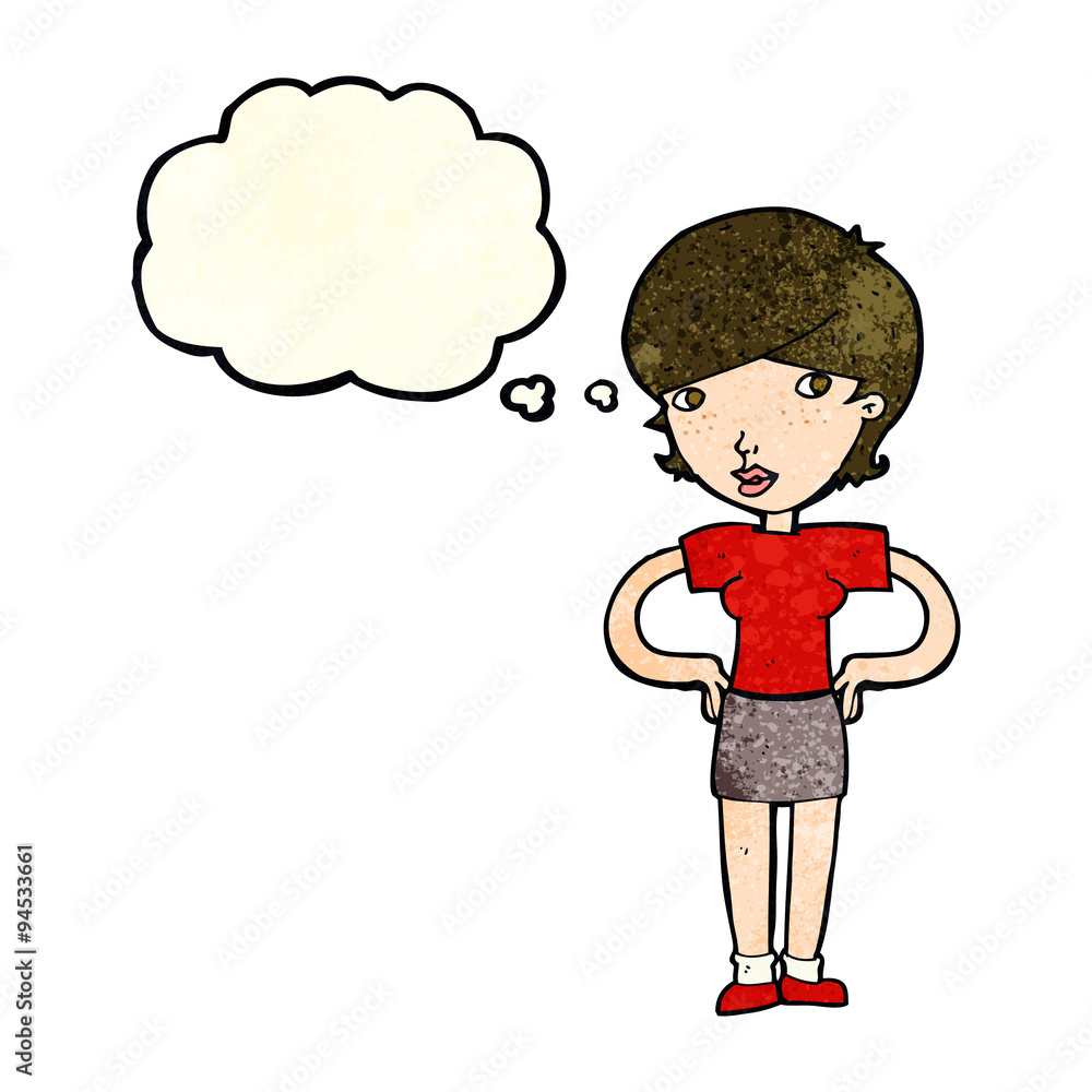 cartoon woman with hands on hips with thought bubble cartoon woman with hands on hips with thought bubble