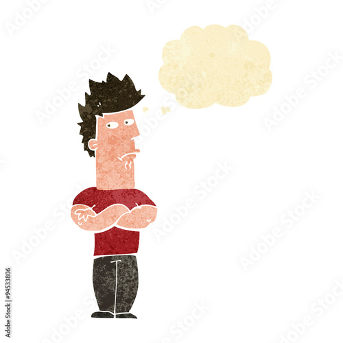 cartoon man sulking with thought bubble