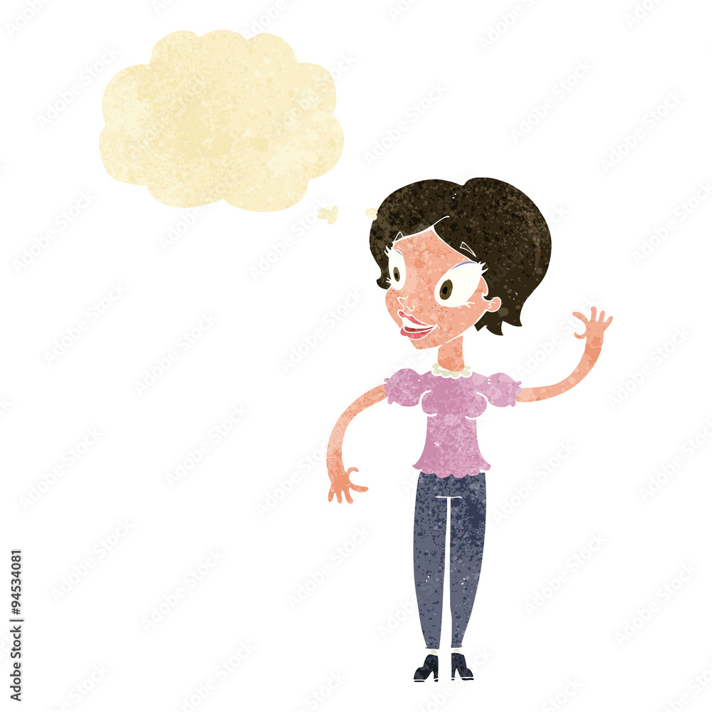 cartoon woman waving with thought bubble cartoon woman waving with thought bubble