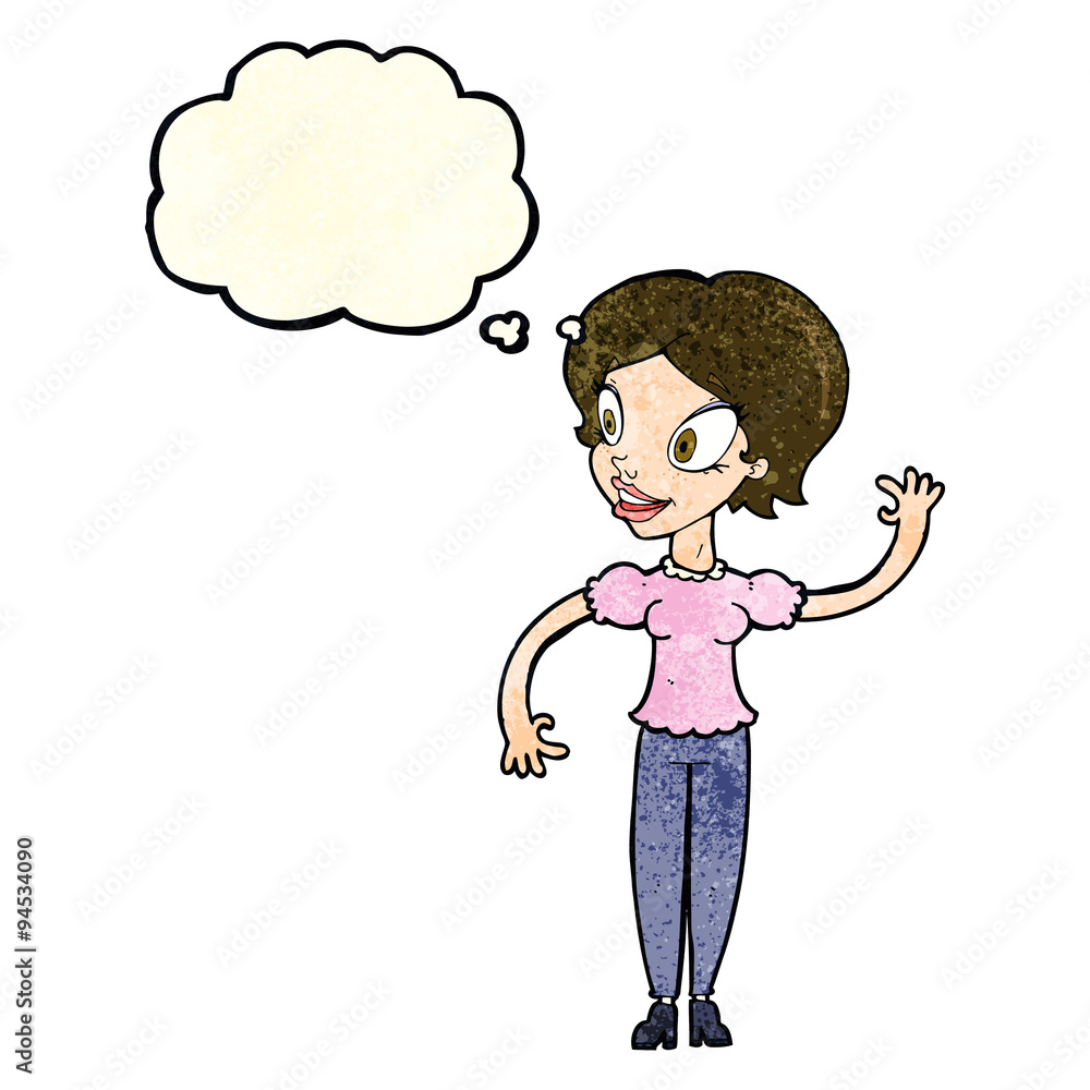 cartoon woman waving with thought bubble cartoon woman waving with thought bubble
