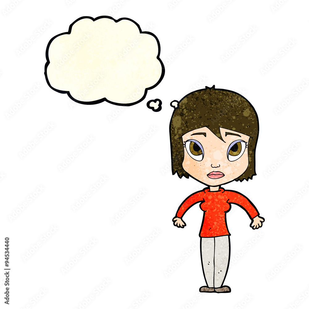 cartoon woman shrugging shoulders with thought bubble cartoon woman shrugging shoulders with thought bubble