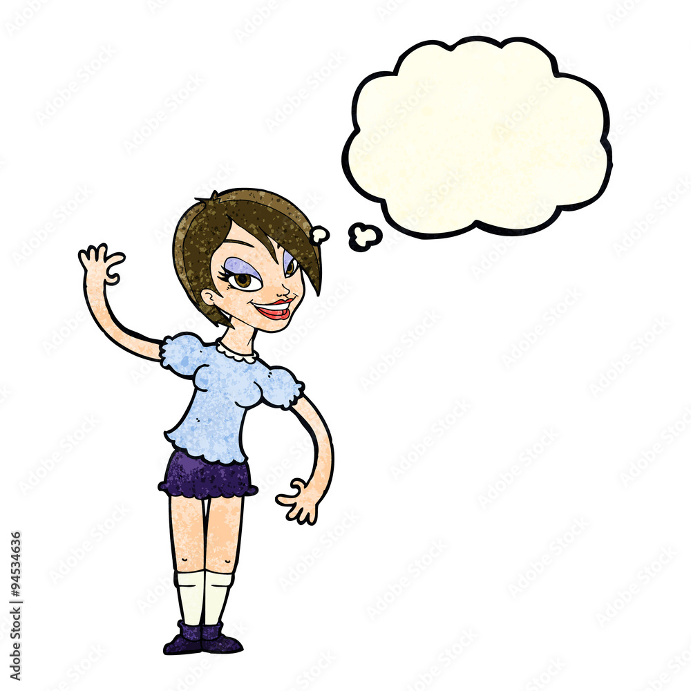 cartoon girl waving with thought bubble cartoon girl waving with thought bubble