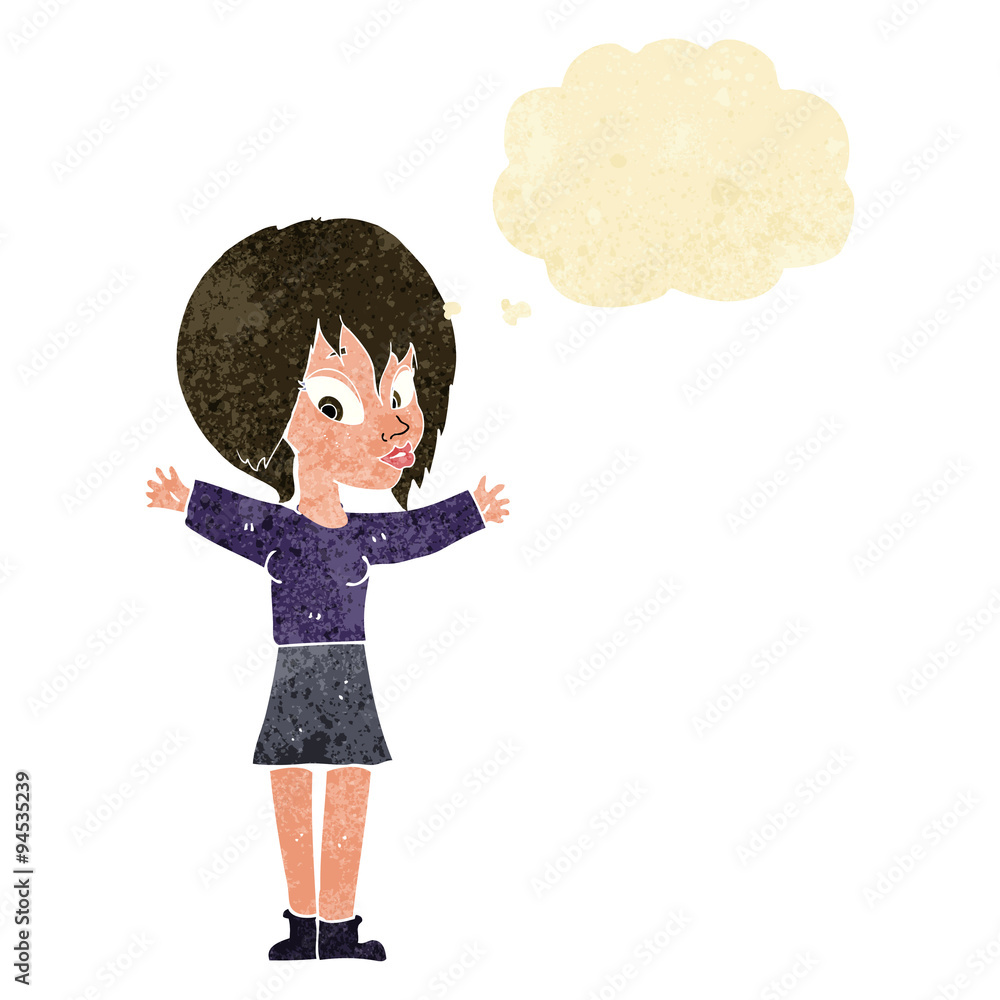 cartoon woman with open arms with thought bubble cartoon woman with open arms with thought bubble