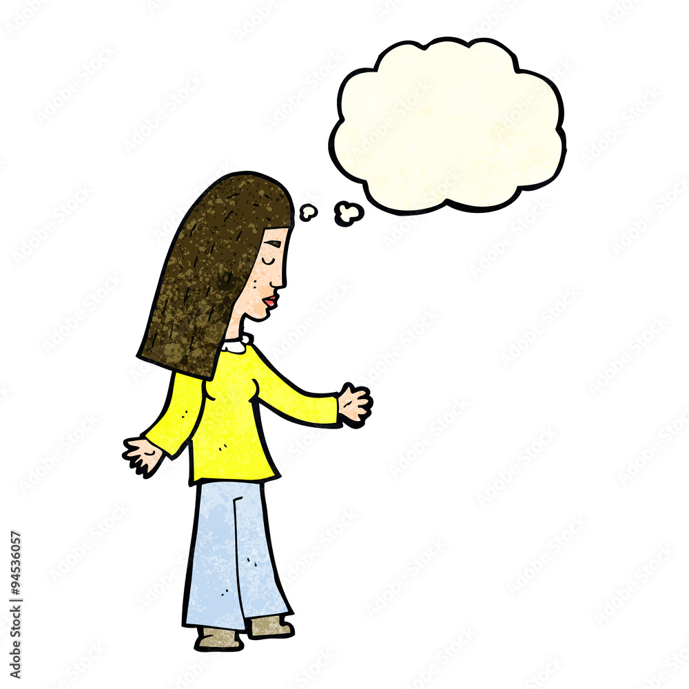 cartoon woman with open arms with thought bubble cartoon woman with open arms with thought bubble