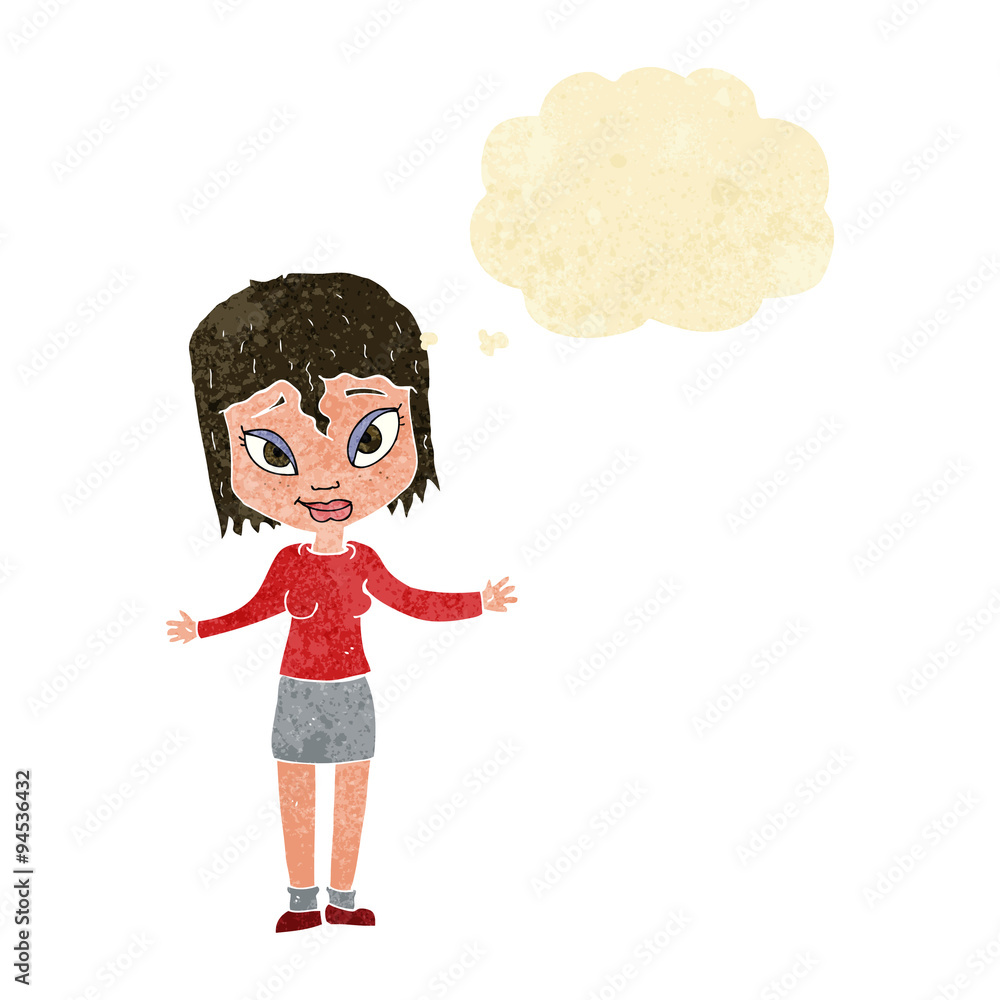 cartoon woman shrugging shoulders with thought bubble cartoon woman shrugging shoulders with thought bubble