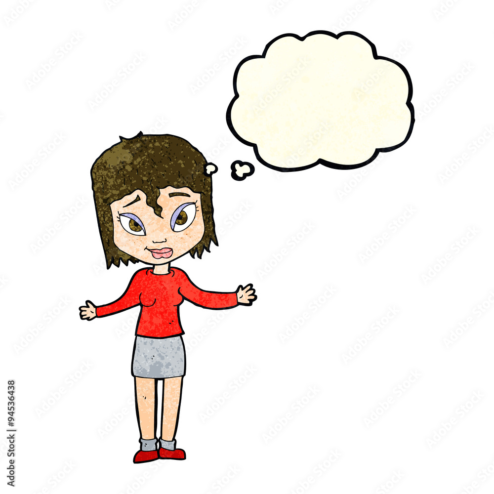 cartoon woman shrugging shoulders with thought bubble cartoon woman shrugging shoulders with thought bubble