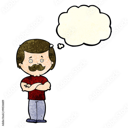 cartoon manly mustache man with thought bubble