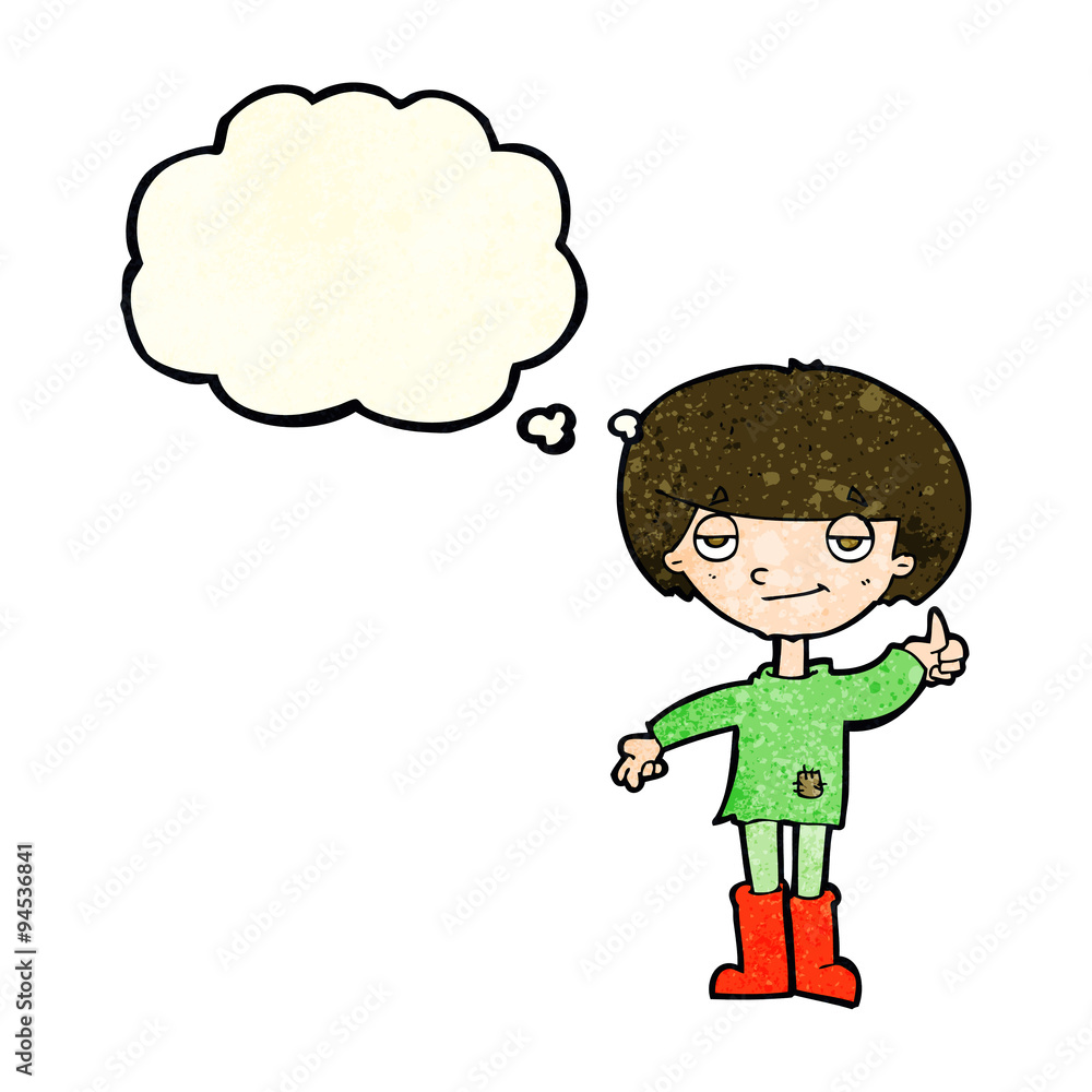 cartoon boy in poor clothing giving thumbs up symbol with though cartoon boy in poor clothing giving thumbs up symbol with though