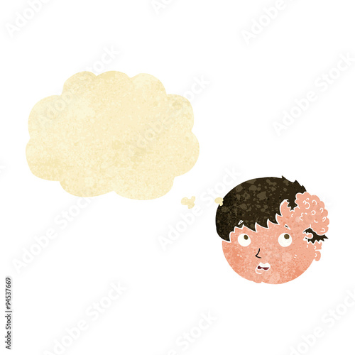 cartoon boy with ugly growth on head with thought bubble