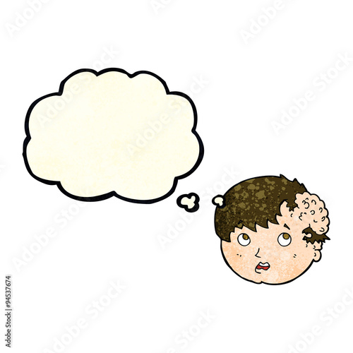 cartoon boy with ugly growth on head with thought bubble