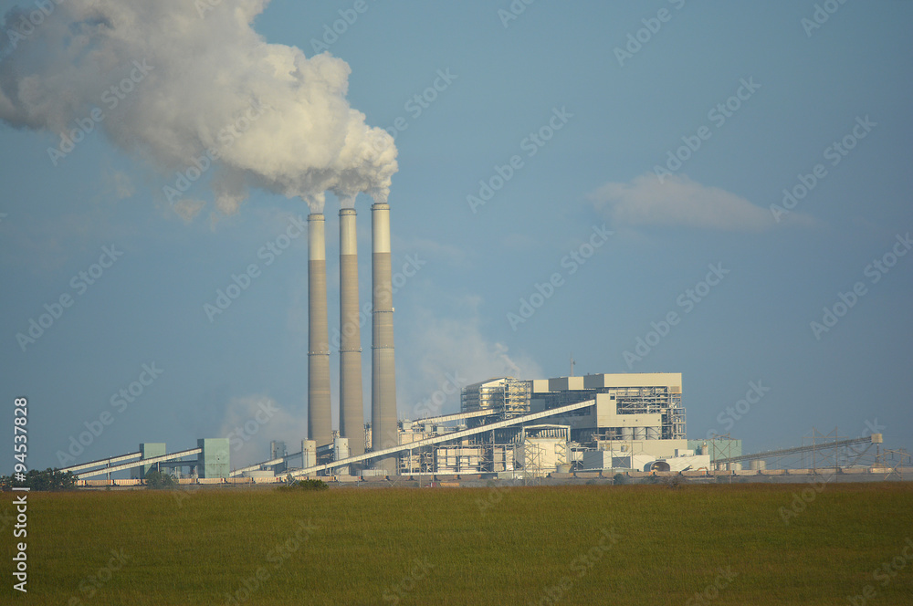 Coal Power Plant Emits Carbon Dioxide from Smoke Stacks