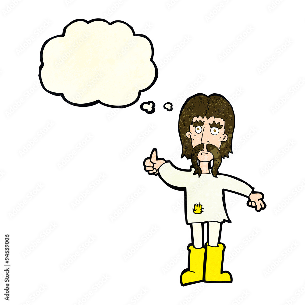 cartoon hippie man giving thumbs up symbol with thought bubble