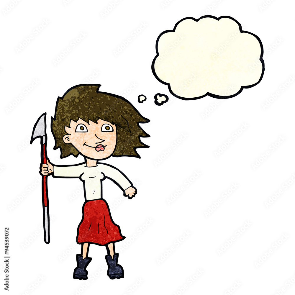 cartoon woman with spear with thought bubble cartoon woman with spear with thought bubble