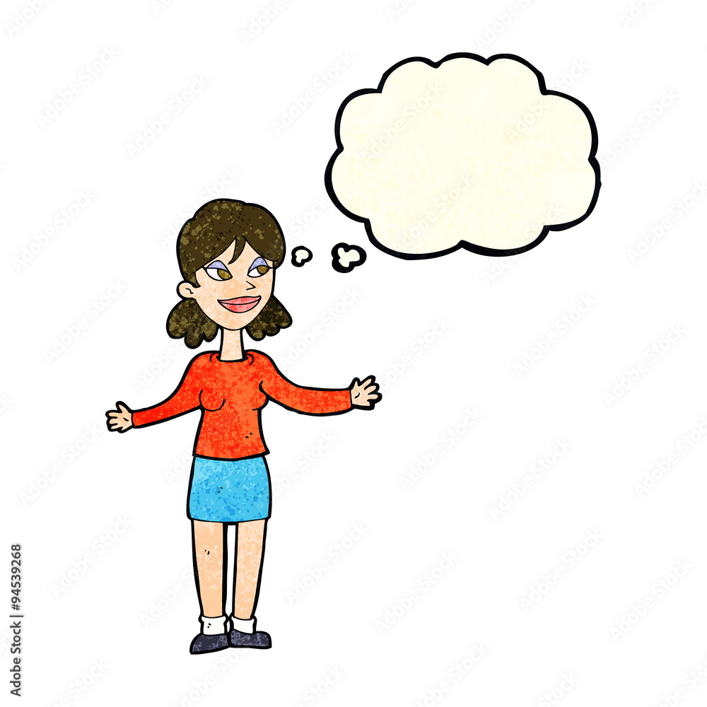cartoon happy woman shrugging shoulders with thought bubble cartoon happy woman shrugging shoulders with thought bubble