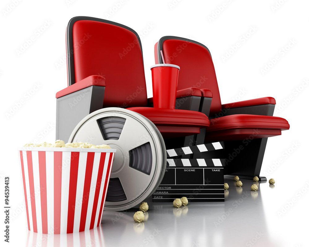 Naklejka premium 3d Film reel, popcorn and Cinema clapper board on theater seat.
