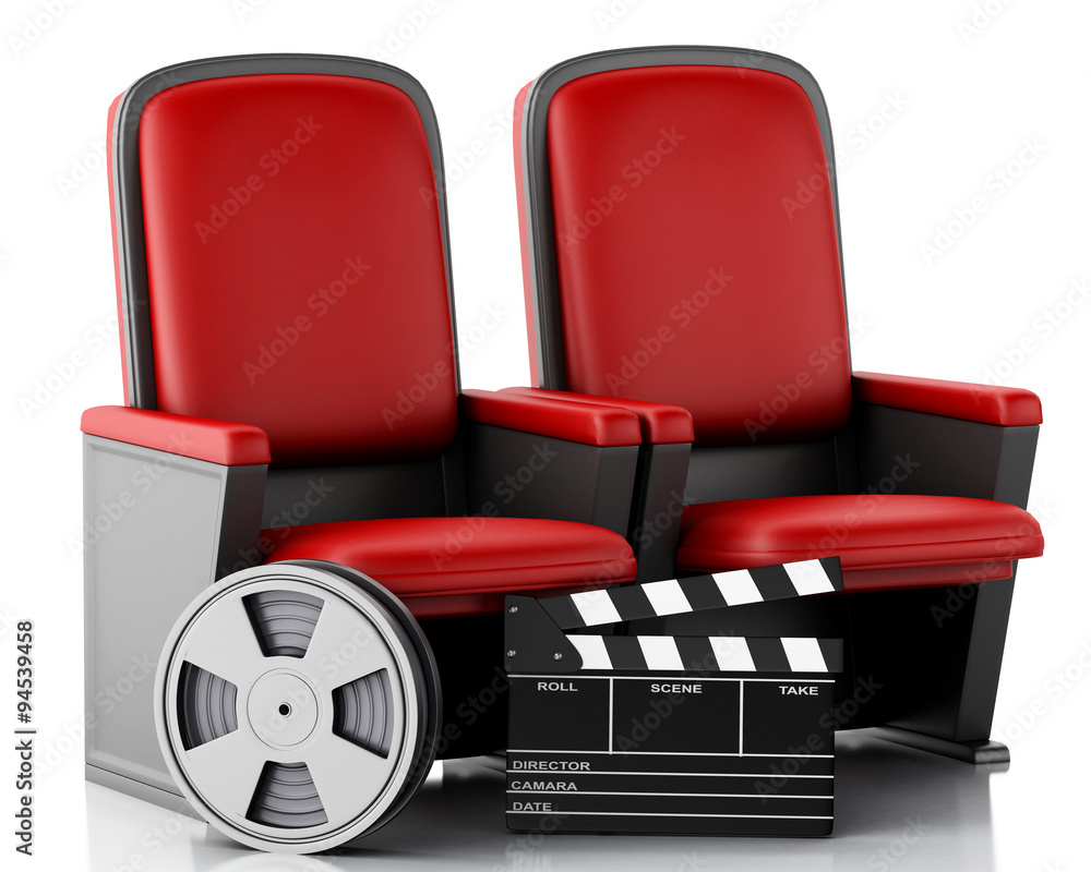 Naklejka premium 3d Film reel and Cinema clapper board on theater seat.