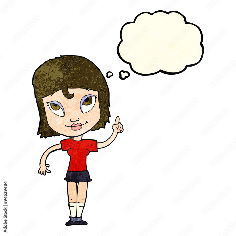 cartoon woman with idea with thought bubble cartoon woman with idea with thought bubble