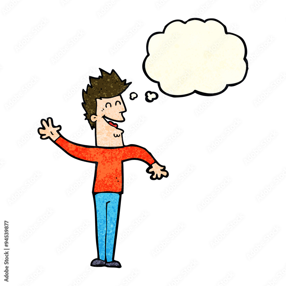 cartoon happy man waving with thought bubble cartoon happy man waving with thought bubble