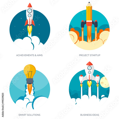 Flat rocket icon. Startup concept. Project development.