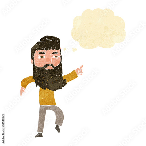 cartoon bearded man pointing the way with thought bubble