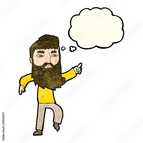 cartoon bearded man pointing the way with thought bubble