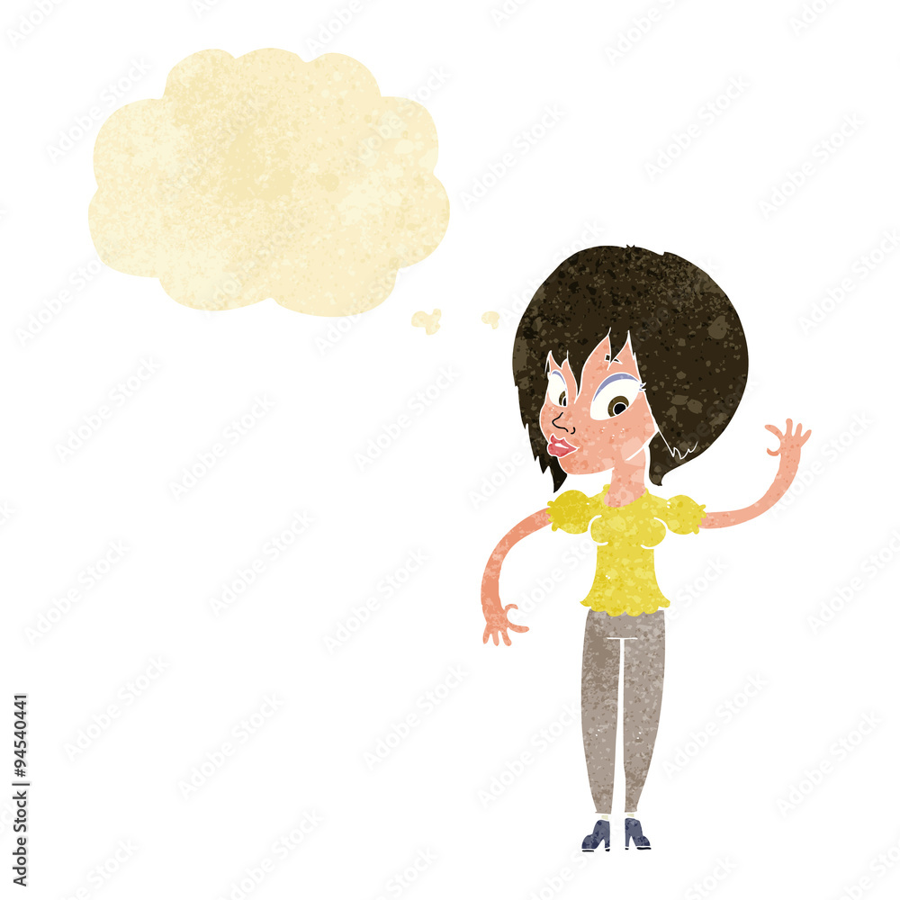 cartoon woman waving with thought bubble cartoon woman waving with thought bubble