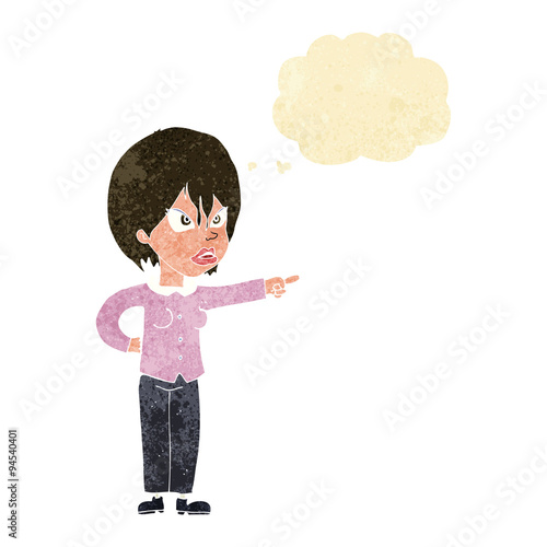 cartoon woman accusing with thought bubble