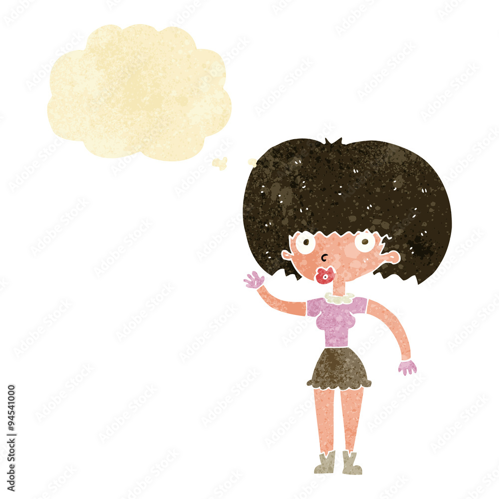 cartoon woman waving with thought bubble cartoon woman waving with thought bubble