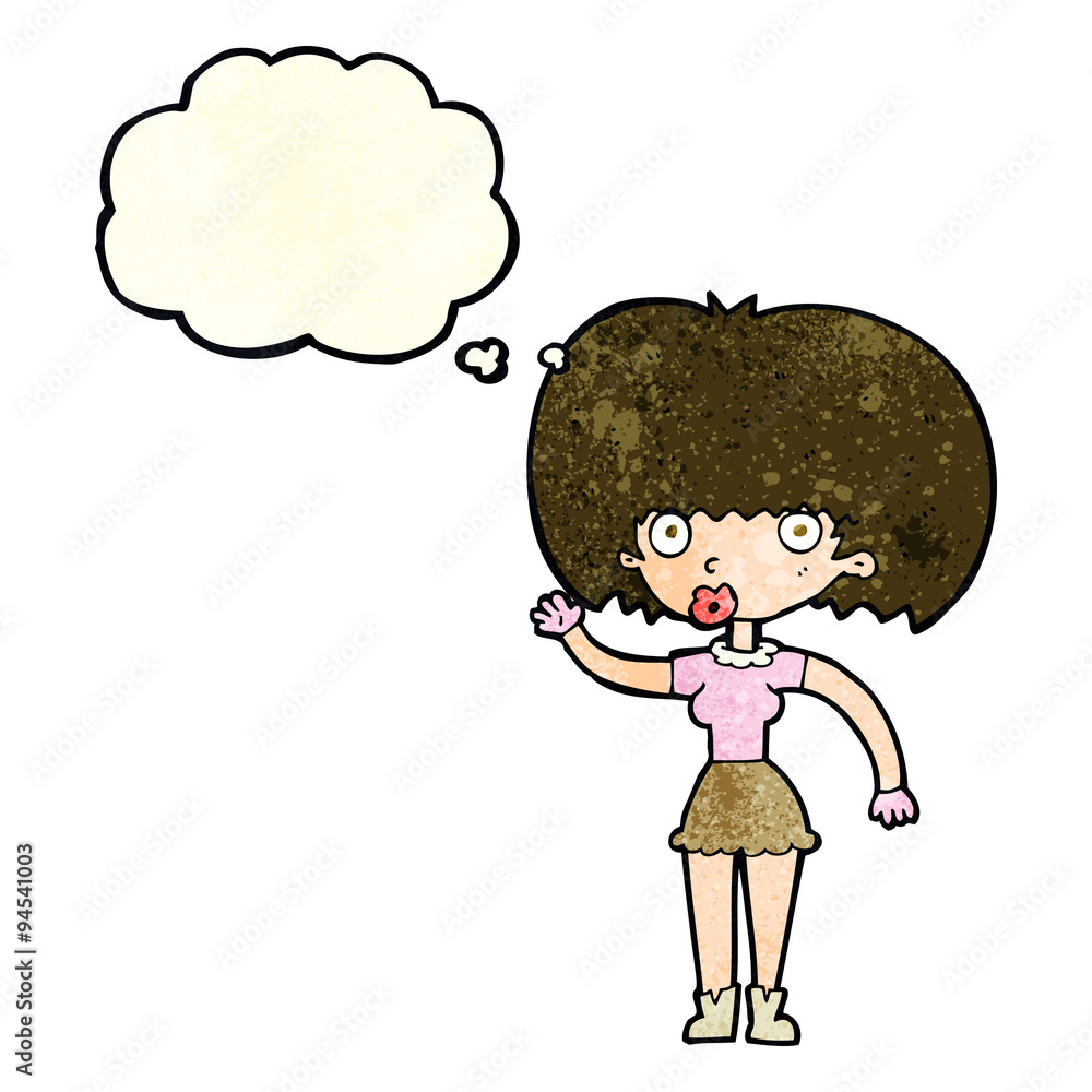 cartoon woman waving with thought bubble cartoon woman waving with thought bubble