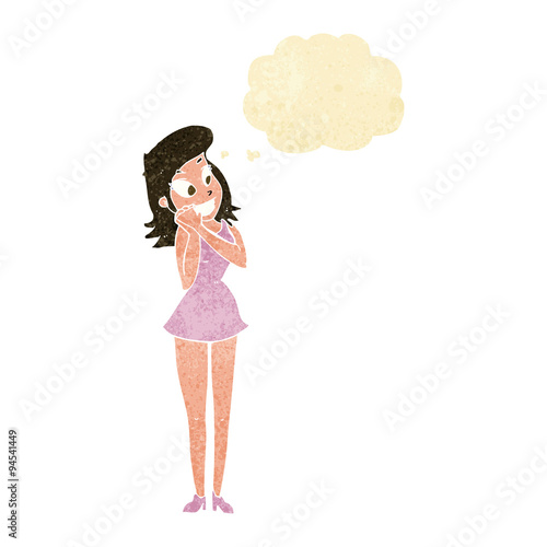 cartoon excited woman with thought bubble