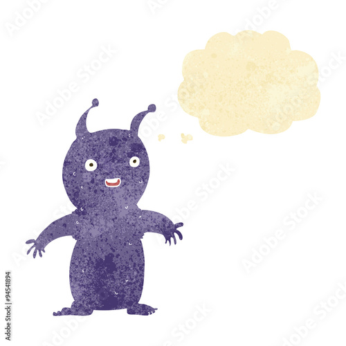 cartoon happy little alien with thought bubble