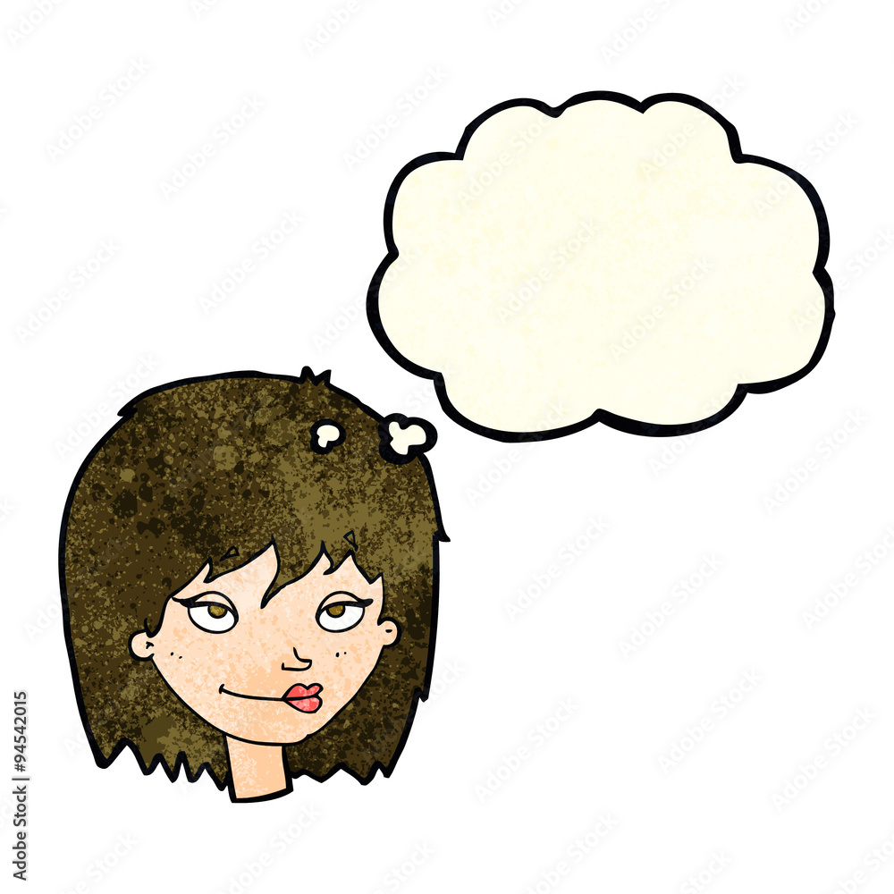 cartoon smiling woman with thought bubble cartoon smiling woman with thought bubble