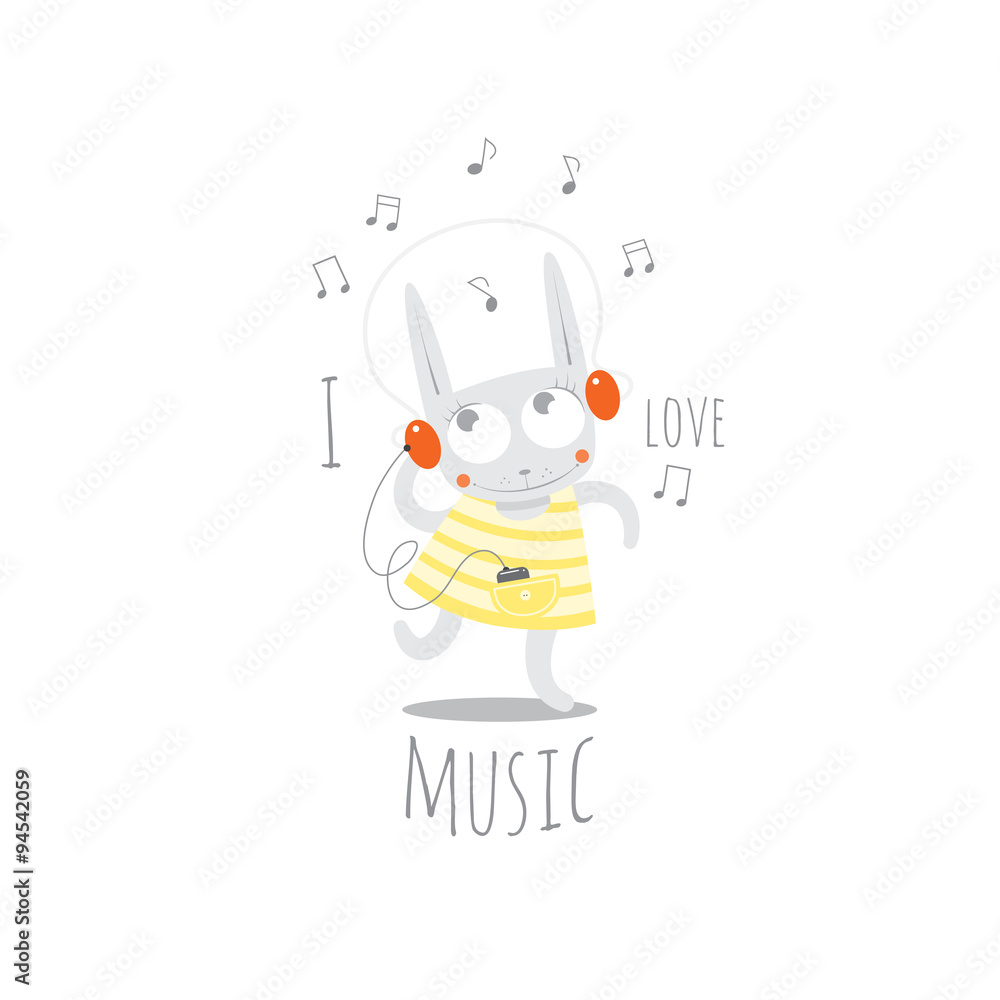 Fototapeta premium Children's postcard with cartoon little rabbit listening to music in earphones. Vector image.