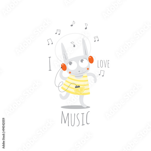 Children's postcard with cartoon little rabbit  listening to music in earphones. Vector image.