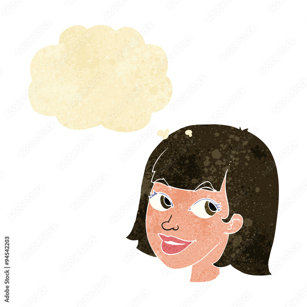 cartoon happy female face with thought bubble
