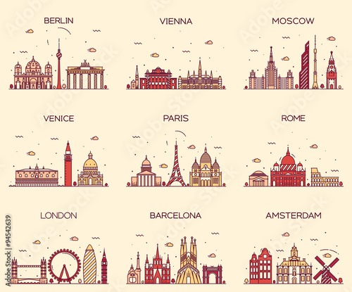 Europe skylines Paris London Barcelona line art