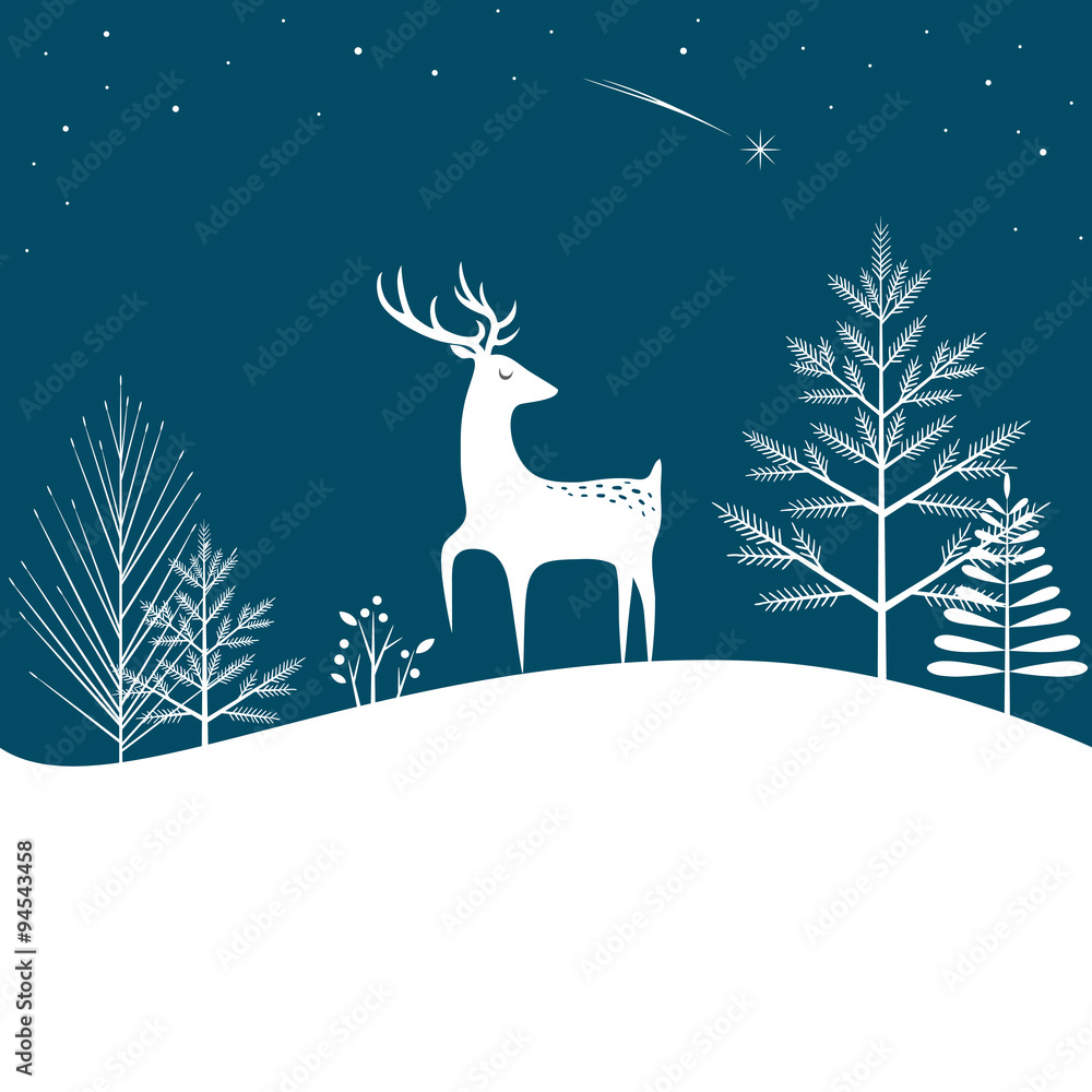 Christmas forest background with deer and falling star