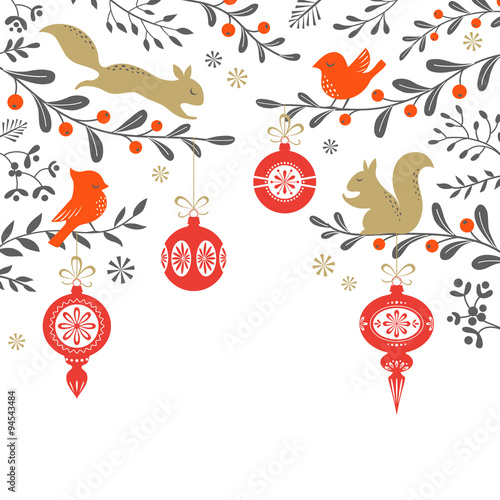 Christmas floral background with birds, squirrel, ornaments and place for your text. Vector is cropped with Clipping Mask.