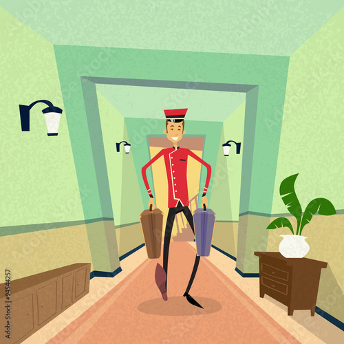 Bell Boy Carry Suitcase Indoor Hotel Porter