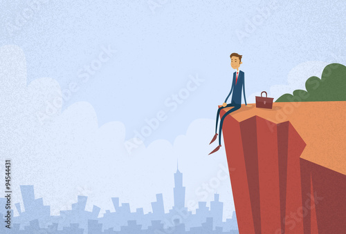 Businessman Sitting Top Cliff Rock Mountain