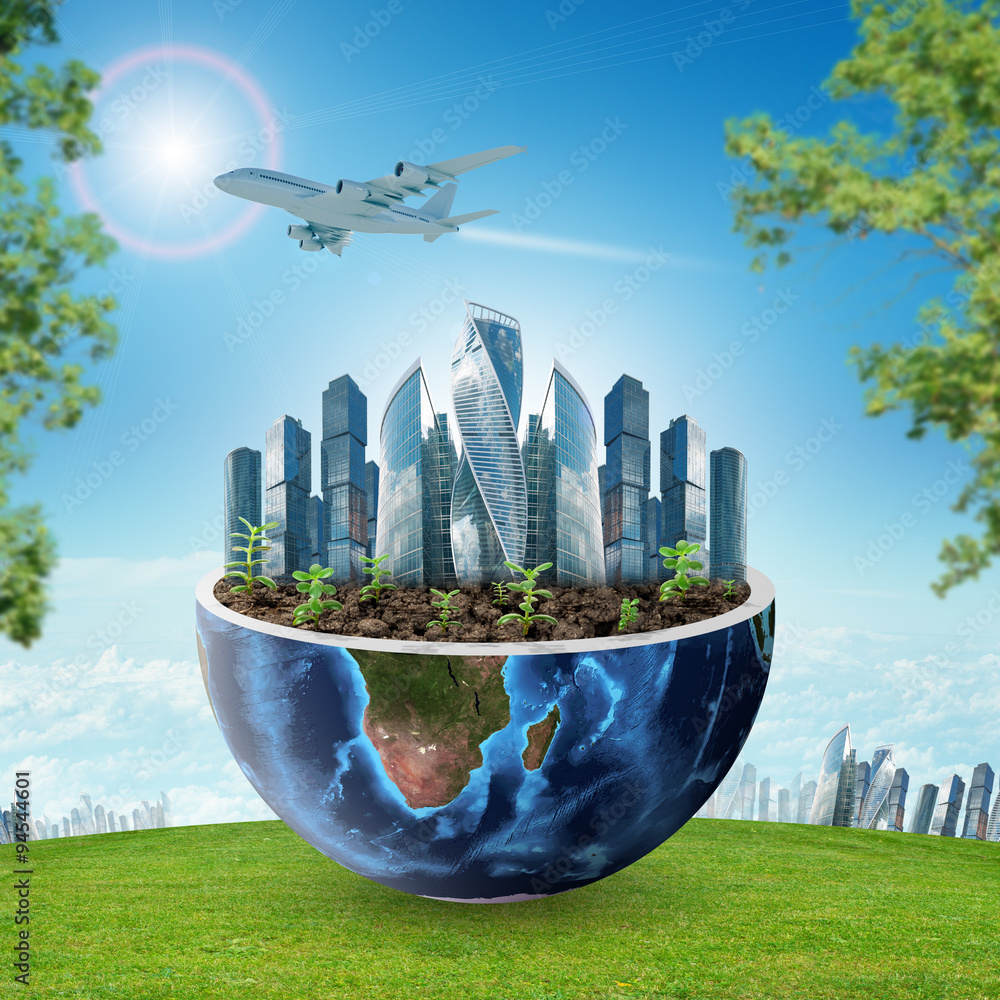 City in half planet with green grass and trees Stock Illustration ...