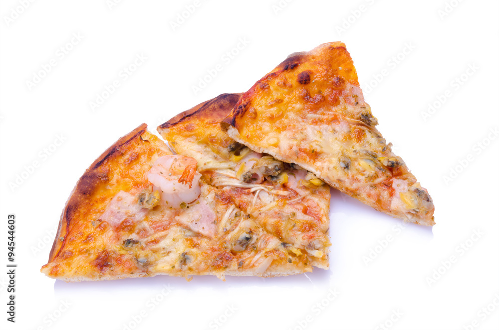 Slice of Tasty Italian seafood pizza on white background
